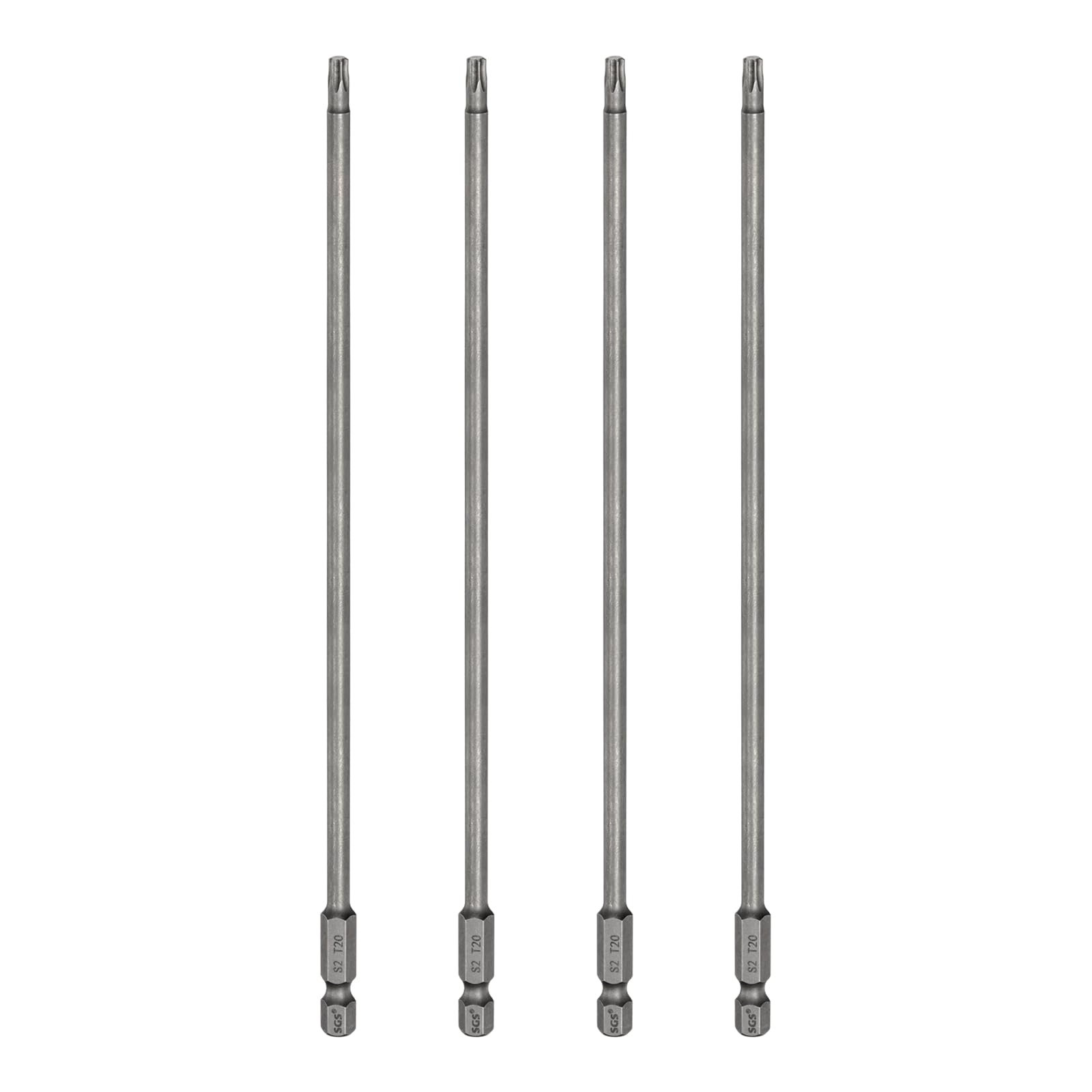 sourcing map 4pcs T20 Torx Head Screwdriver Bit 1/4" Hex Shank 7.87" (200mm) Long Magnetic No Hole Tip Tamper Proof 6 Point Star Screw Driver Drill Bits S2 Steel Industrial Power Screwdrivers