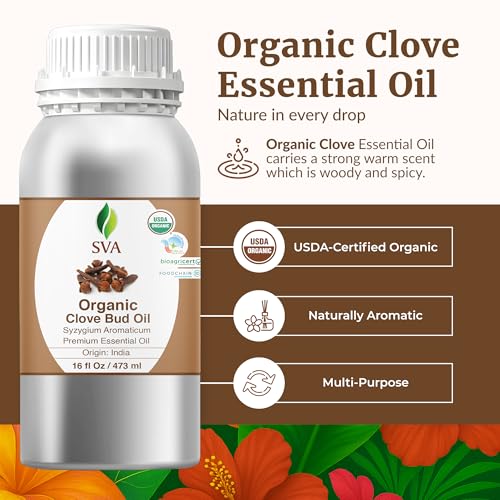Image of SVA Clove Essential Oil Organic- 16 Fl Oz - 100% Natural Clove Oil - for Diffuser, Hair Care, Face, Skin Care, Aromatherapy, Scalp and Body Massage, Soap and Candle Making