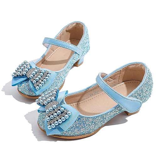 WUIWUIYU Girls Heels Glitter Bow Pearls Hook&Loop Round-Toe Latin Ballroom Dance Dress Wedding Princess Mary Jane Shoes2