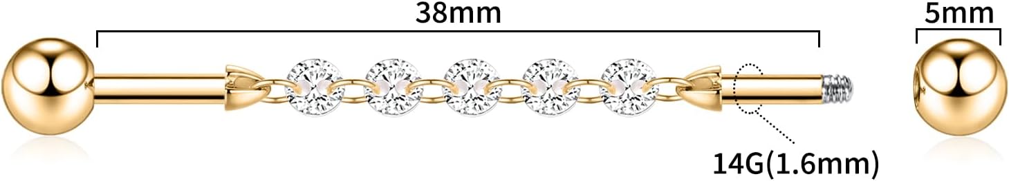 FUNLMO Industrial Piercing Jewelry Chain Titanium Industrial Bar Cube Zircon Industrial Jewelry Cartilage Earring Conch Helix Piercing Jewelry 14G 38mm - Image 2