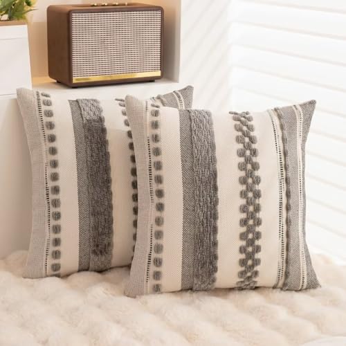 Wanlird PILLOWCOVER-2SET-GRAY-18X18 Boho Throw Pillow Covers 18X18 Set Of 2 Farmhouse Decorative Cushion Case Striped Square Pillows Cover Chenille Pillow Cases Accent Neutral Pillowcase thumb #3