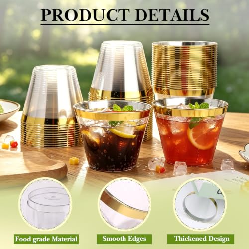 Image of 100 Pack 9 OZ Plastic Cups, Disposable Gold Rimmed Party Cups