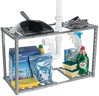 LIVIVO Under Sink Storage Caddy - White Adjustable and Extendable Multi Purpose Kitchen Bathroom Under Sink Rack Shelf Organiser Storage Tidy (Grey)