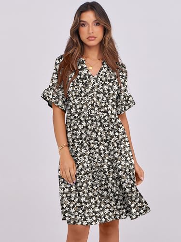 Image of ANRABESS Women's Summer Casual Dress, V-Neck Ruffle Sleeve Tiered Mini Dress, Soft Comfy Fabric with Pockets for All-Day Wear