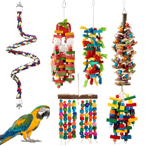 Image of Seenelling 6 Pcs Extra Large Bird Toys for Parrots, Mixed | Multicolored Natural Wooden Blocks & Beads Bells, Bird Cage Chewing Toys for Large Medium Macaws African Grey Cockatoos