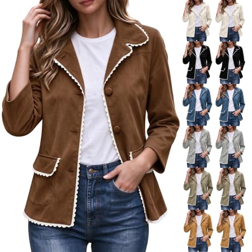 Faux Suede Jacket Women Trendy Casual Lace Scalloped Lapel Button Down Coat