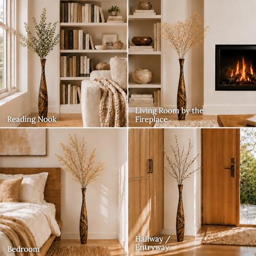 Image of Leewadee Large Brown Light Brown Home Decor Floor Vase - Wooden 34 inches Tall Farmhouse Decor Flower Holder for Fake Plant and Pampas Grass