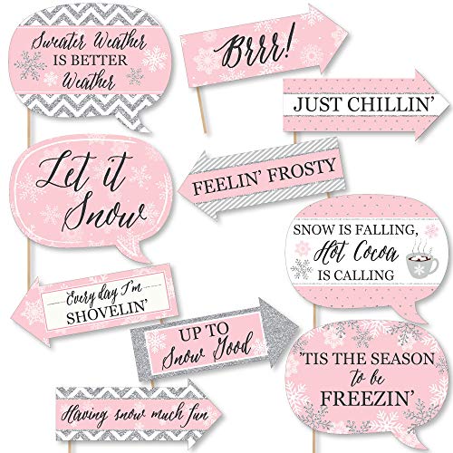 Funny Pink Winter Wonderland Photo Booth Prop Kit, DIY Setup - 10pc