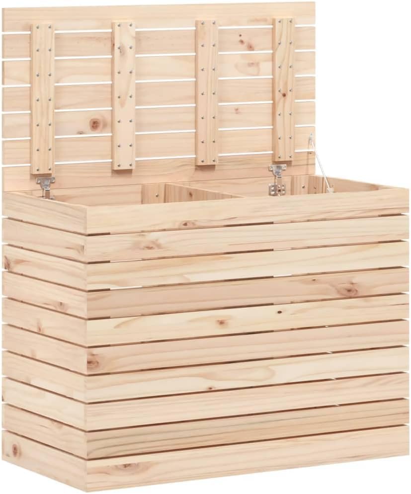 Interiér view of the vidaXL laundry hamper with the lid open, showing the two compartments and hinge mechanism.