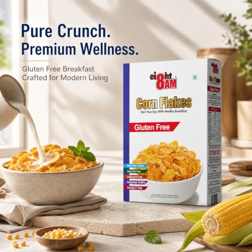 Image of 8AM Corn Flakes Gluten Free 300g (Pack of 2), 99% Fat Free & Cholesterol Free, Trans Fat, Crunchy & Delicious, Nutritious Whole Grain Breakfast Cereal