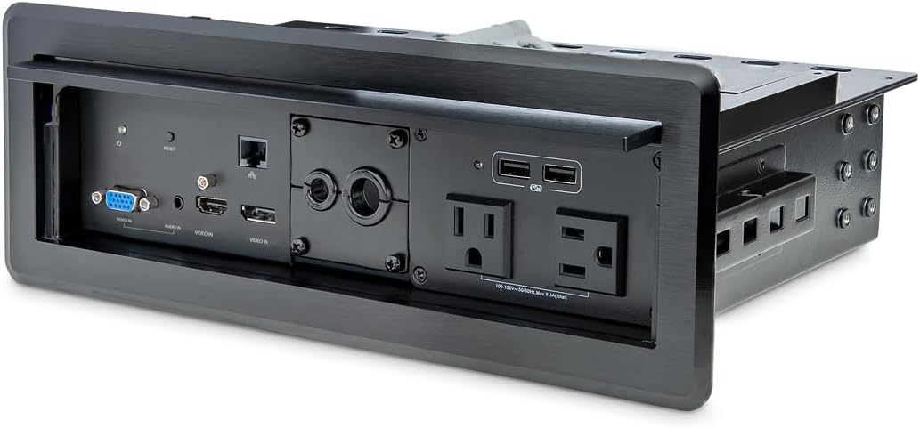 StarTech.com Conference Table Box for AV Connectivity & Power/Charging - 4K HDMI Output with HDMI, DP, & VGA Inputs, GbE, Audio - Charging Station w/ 2X USB-A & 2X 120V UL AC Outlets (KITBXAVHDPNA)