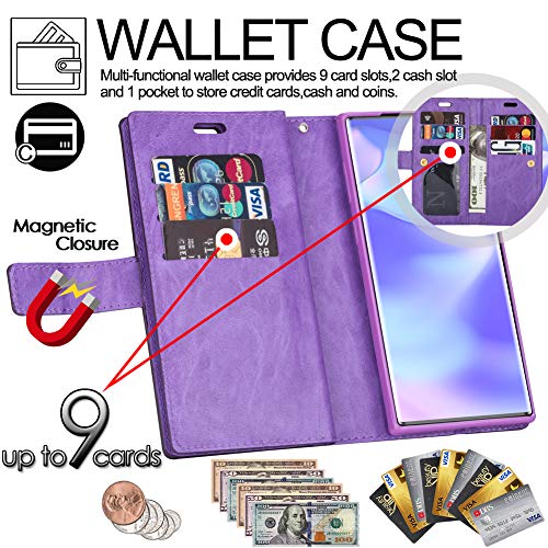 Galaxy Note 10 Plus Wallet Case,Note 10+ 5G Case(2019 Release),Kudex Trifold 9 Card Slot Holder Flip Leather Folding Stand Magnetic Closure Wallet Purse Case W/Wrist Strap&Zipper Money Pocket(Purple) #TOP2
