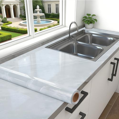 Aovanta 40cm x 10m Gloss Marble Vinyl Wrap for Furniture Grey Worktop Vinyl Covering Heat-Resistant Wrap Roll Self-Adhesive Furniture Sticker for Kitchen Worktops Countertops
