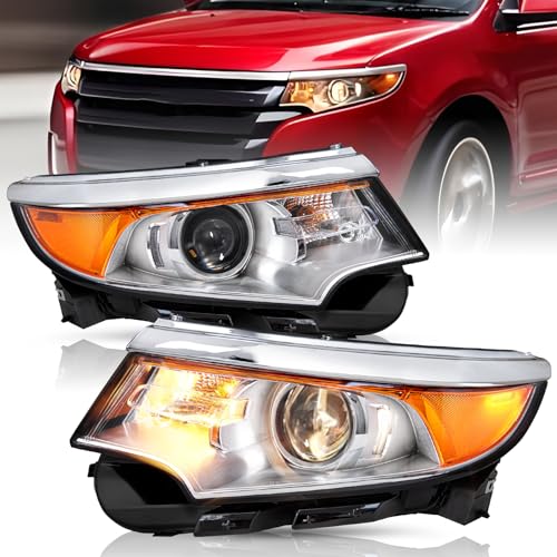 Headlight Assembly [Halogen Type Models] Fit for 2011 2012 2013 2014 Ford Edge Right Passenger and Left Driver Side (Chrome Housing with Amber Reflector)