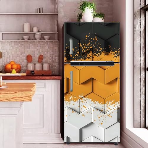 Image of DesignDecor Vinyl 3D Flower Fridge Sticker, 24x60 cm, Marble Texture, Double Door Refrigerator (Yelow)