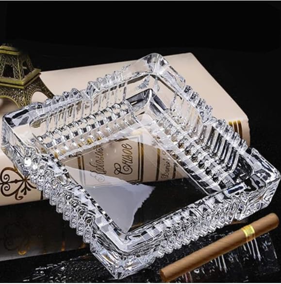 Crystal Glass Ashtray, Square Design, Decorative Pattern, Clear-image-18