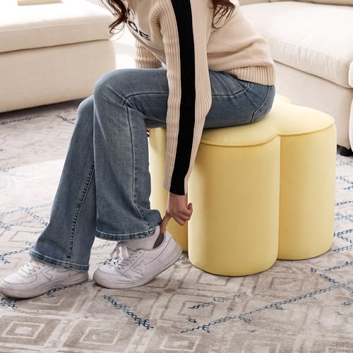 Image of Zesthouse Flower Pouf Ottoman Foot Rest Set of 2, Velvet Fabric Poofy Ottoman Footstool for Couch, Modern Living Room Stool for Under Entry Table, Cute Square Vanity Stool for Bedroom Dorm, Yellow