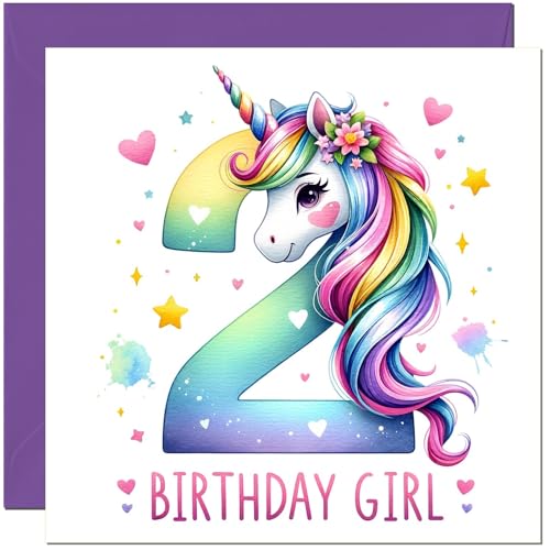 2nd Girls Birthday Cards - Rainbow Heart Unicorn Numbers Unicorn Birthday Card for 2 Year old Kids two, second