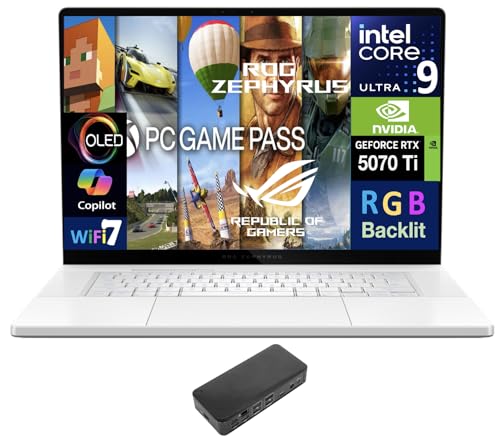 Image of ASUS ROG Zephyrus G16 Laptop 16.0 inch 240Hz WQXGA Display (Intel Ultra 9-285H, GeForce RTX 5070 Ti 12GB, 32GB LPDDR5X, 2x4TB SSD R0 (8TB), RGB KB, Thunderbolt 4, WiFi 7, Win 11 Pro) w /USB-C Dock