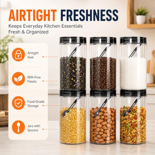 Image of Homeor Plastic Storage Jar & Containers With Spoon, Airtight & BPA Free Containers for Kitchen Storage, Grocery Kitchen Container, Multipurpose Jar, Fridge Storage Container, 2000 ML Set 6, Black