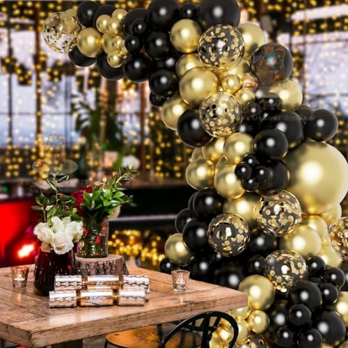 Image of 104Pcs Black Gold Birthday Decorations Kit - Metallic Balloons Happy Birthday Card Banner Party Pack
