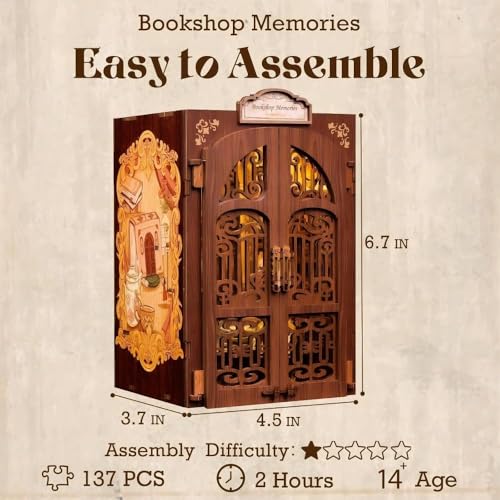 Image of Bookshop Memories Book Nook Kit with LED Light, DIY Miniature Vintage Bookshop Dollhouse, 127PCS 3D Wooden Puzzle Bookshelf Decor, Creative Gift for Adults, Teens & Beginners