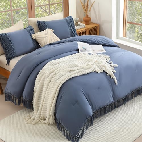 Image of Andency Comforter Full Size Set Bluish Grey, Boho Lightweight Vintage Soft Bedding Comforter Sets, 3 Pieces Bed Set (79x90In Comforter & 2 Pillowcases)
