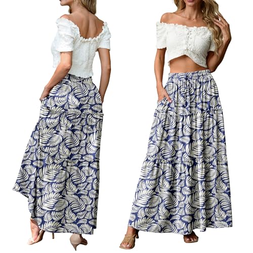 Image of Lepunuo Womens Casual Boho High Waisted Flowy Maxi Skirts Tiered Floral Long Skirts with Pockets for Summer Beach Vacation