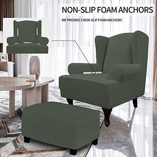 Image of Easy-Going Stretch Large Wingback Chair Sofa Slipcover Olive Green | 1-Piece Sofa Cover Furniture Protector Couch Soft with Elastic Bottom, Spandex Jacquard Fabric Small Checks