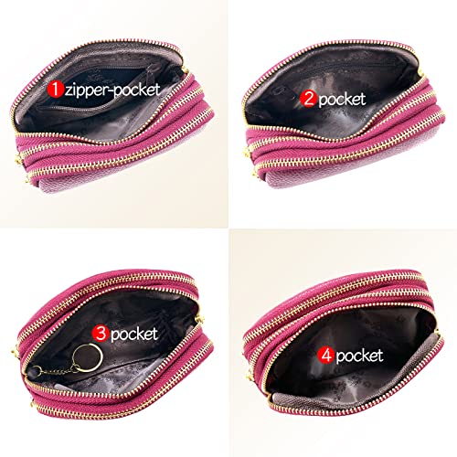 Linno 3 Zippered Genuine Leather Coin Purse Triple Capacity Change Pouch Little Travel Wallet With Key Ring For Women #TOP3