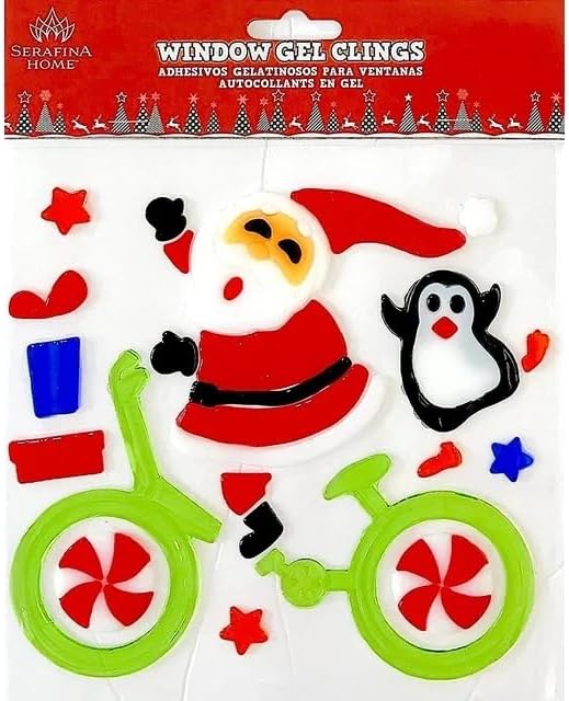 Miniatura 2 de Calcomanías de gel de Navidad para ventanas y espejos, 4 hojas de diseños de invierno bicicleta de Papá Noel, árbol de Navidad, muñecos de nieve y