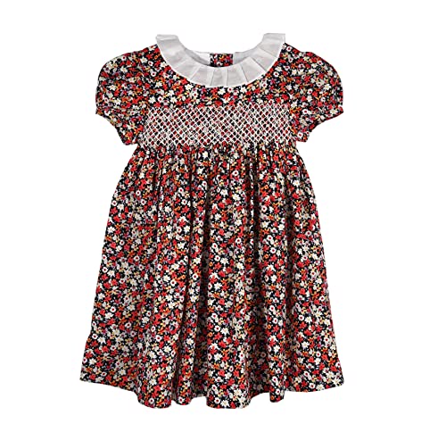 Toddler Baby Girls Soft Floral Cotton Hand Smocked Casual Party Dress with Headband (Red, 6-12 Months)