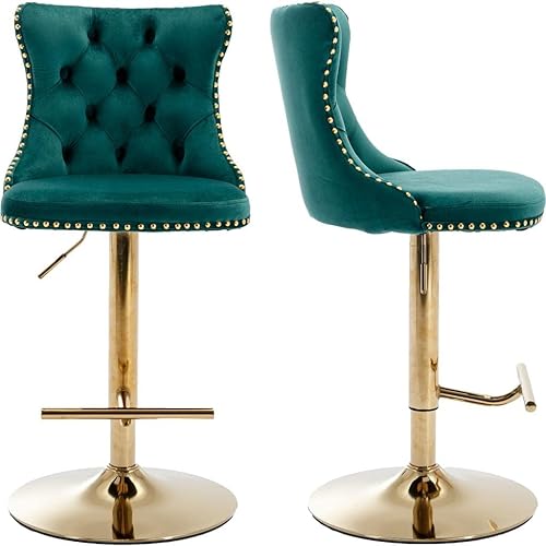 Juego de 2 taburetes de bar giratorios de terciopelo, altura ajustable de 25 a 33 pulgadas, taburetes de bar con respaldo, sillas de bar para altura