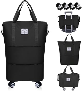 Travel Gym Bag for Women Men,Waterproof Hospital Overnight Bags with Trolley Sleeve,Foldie Hand Luggage Cabin Bags,Weekend Holdall Bag with Wheels RemovableBlack