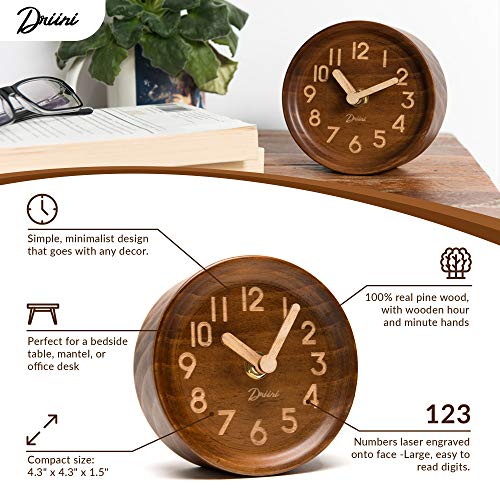 image for Driini Wooden Desk & Table Analog Clock Made of Genuine Pine (Dark) - 