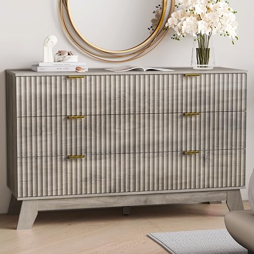 Image of 6 Drawer Dresser for Bedroom, Fluted Dressers Chest of Drawers with Gold Handle, Mid Century Modern Dresser for Closet, Wood Closet Storage Organizer Furniture for Bedroom, Living Room, Hallway, Grey