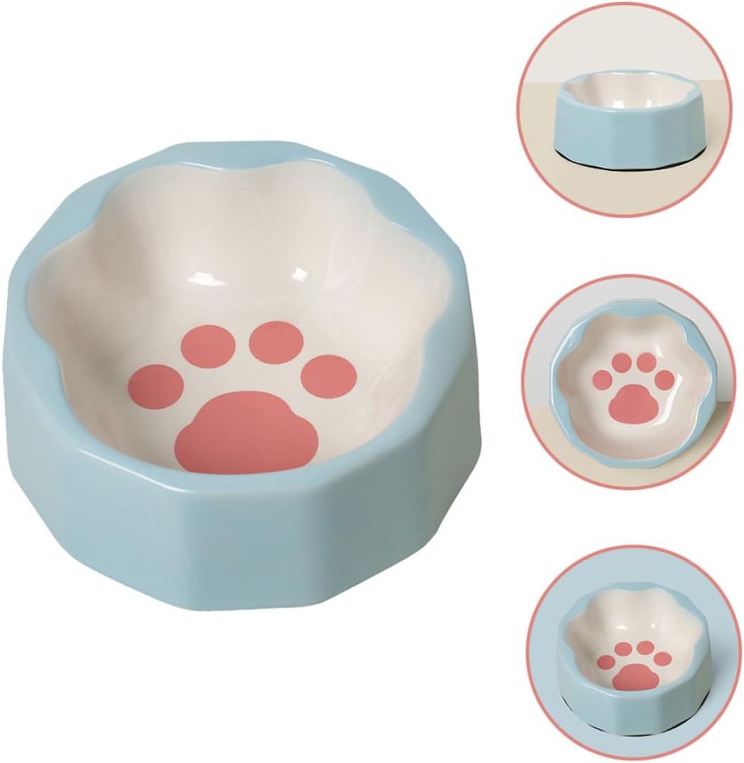 Ceramic Slanted Cat Feeder Bowl with Paw Print, Small Blue Pet Food and Water Dish for Cats and Dogs, Whisker Fatigue Relief Raised Pet Feeding Bowl