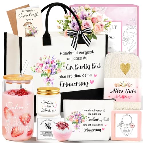 TUZELIYA Geschenke für Frauen 8tlg. Mutmacher Geschenk Geburtstag mit Canvas Einkaufstasche Entspannung Geschenkset mit Grußkarte für Mama Ehefrau Beste Freundin Kollegin Schwester Tochter