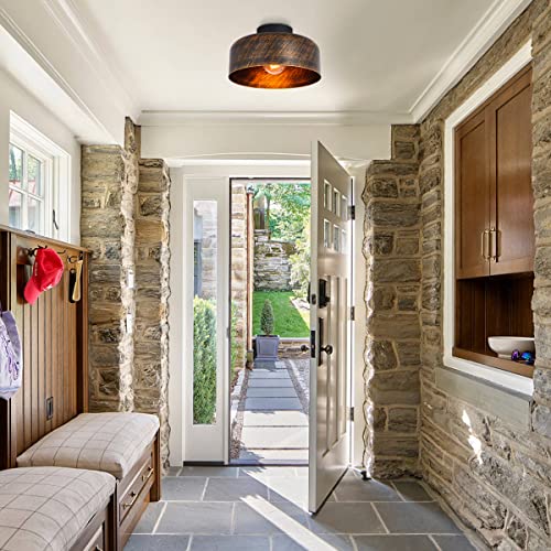 Bisamiya Industrial 11.8" Flush Mount Ceiling Light, Drum Metal Shade, Bronze Close To Ceiling Light Fixture For Entryway, Hallway, Porch, Kitchen, Dining Room #TOP5