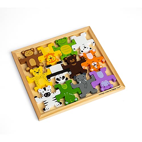 Image of Bigjigs Toys Wild Animal Stacker - 12 Animal Wooden Stacking Toys, for 1 2 3 Year Old, Baby Gift for 12 Months +