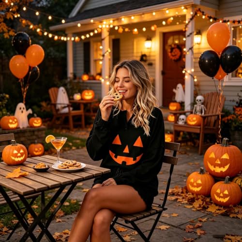 Image of Roshop Halloween Pajama Women's Pumpkin Matching Top & Shorts Loungewear Set