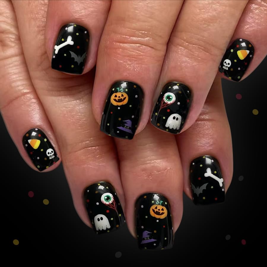 Halloween Press on Nails Black Short Square Fake Nails with Pumpkin Bones Design Eyeballs Skeleton False Nails Glossy Stick on Nail Holiday Dots Glue on Nail for Women Manicure 24Pcs