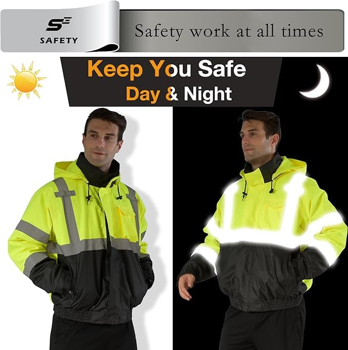 Image of sesafety High Visibility Reflective Jackets for Men Waterproof, 3 In 1 Hi-Vis Reflective Winter Bomber Safety Rain Coat with Zipper Sweater, Construction