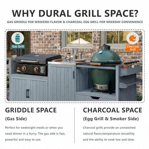 Image of Merax 80.5 inch Outdoor Kitchen Island for Big Green Egg& Blackstone Griddle, Solid Wood Grill Cart Table with Stainless Steel Top, Drawer for Large Big Green Egg and 21 inch /28 inch Blackstone Griddle, Grey Blue