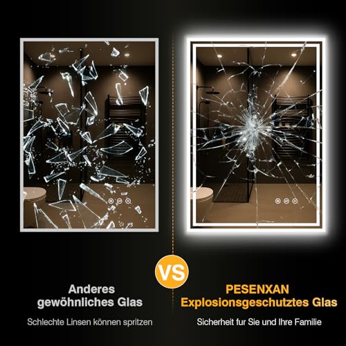 PESENXAN Badspiegel mit Beleuchtung 50x70cm, Spiegel Bad mit Beleuchtung 3 Lichtfarben, Dimmbar, Anti-Beschlag, Bad Spiegel mit Licht… – Ansicht 5