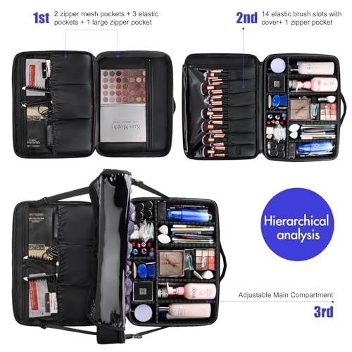 Image of Relavel Extra Large Makeup Case, Makeup Artist Set Bag Professional Cosmetic Organizer Bag Storage Box with Makeup Brush Holder, Adjustable Dividers and Shoulder Strap, Black