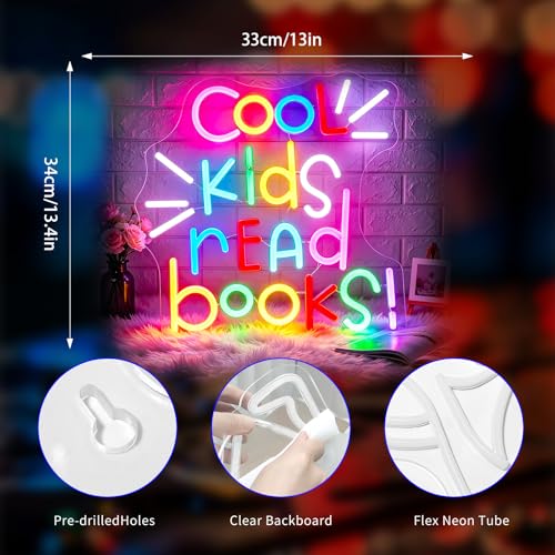 Image of Neon Sign, Gdbkabf Cool Kids Read Books Neon Signs for Wall Decor LED Light Up Signs Home Decor for Classroom, Bedroom, Reading Corner, Study Room, Library Decoration USB Operated
