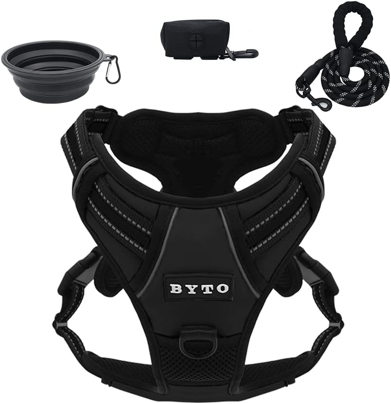 No Pull Dog Harness, Adjustable Soft Padded Dog Vest, Reflective Strips, Easy Control with a Heavy Duty 5ft Lead, Foldable Dog Bowl and Waste Bag Dispenser (Black, Medium)
