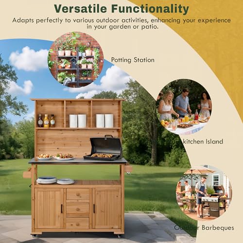 65\'\'H Large Garden Storage Potting Bench with Lockable Wheels, Wood Outdoor Kitchen Island with Stainless Steel top, Drawers, Door Shelves and Hutch (Natural-Wheels)