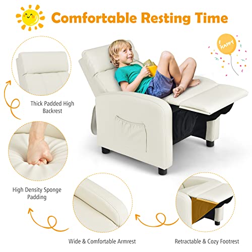 Image of Costzon Kids Recliner, Adjustable PU Leather Lounge Chair w /Side Pockets, Footrest, Headrest for Kids Room & Play Room, Easy to Clean, Padded Recliner Sofa for Children Boys Girls Aged 3-12 (Beige)